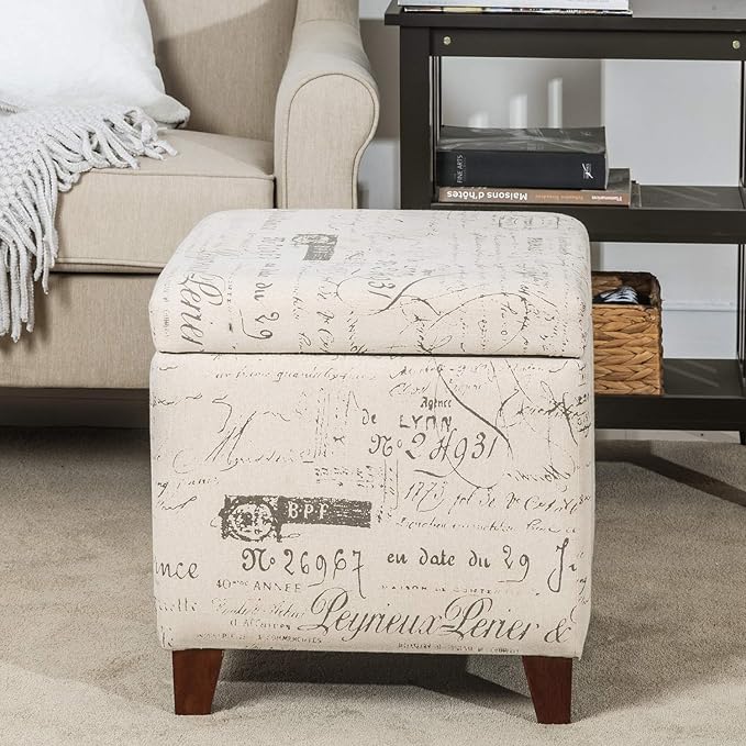 Adeco Fabric Script Pattern Cube Storage Footstool, Hinged Lid, Solid Wood Legs