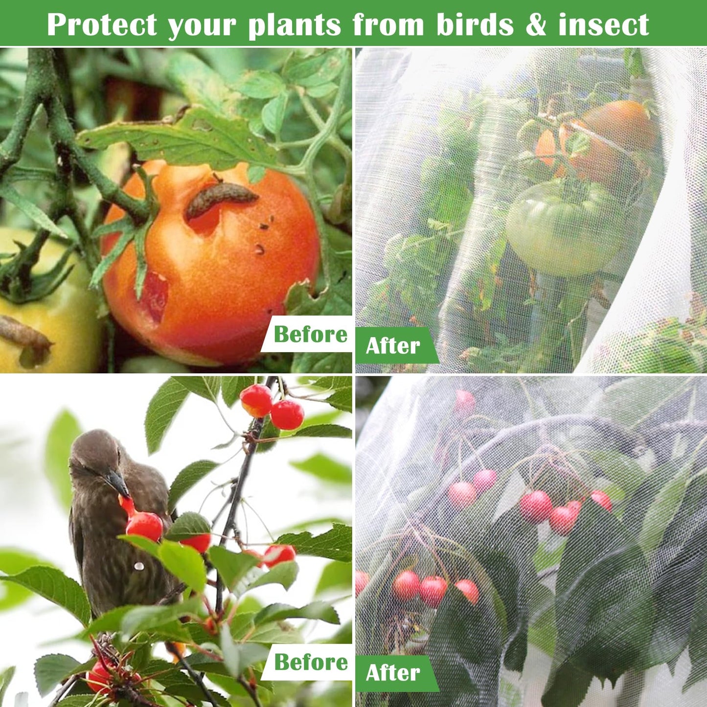Unves 67 Pcs Garden Netting Kit, 10x25 Ft Ultra Mosquito Bird Netting with 6 Hoops & 12 Clips, Fruit Tree Netting for Patio Raised Beds Vegetable Flowers Protection Barrier Plant Covers Net