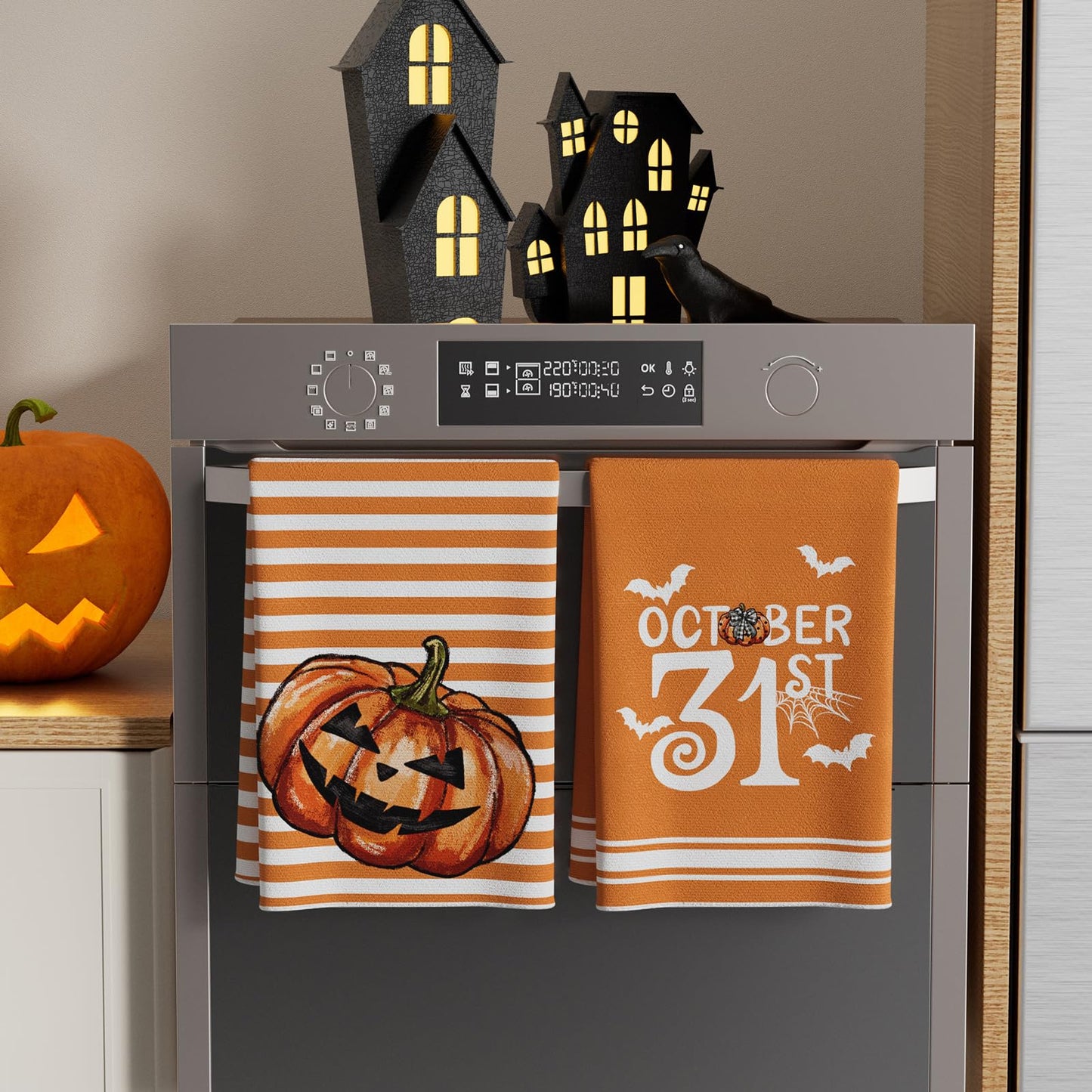 XCHI Halloween Stripes Pumpkin Ghost Boo Kitchen Towels Dish Towels 18x26 Inch Home Kitchen Decorations Hand Towels Set of 4 Drying Dishcloth