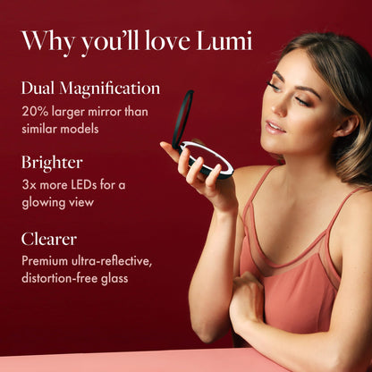 Fancii LED Lighted Travel Makeup Mirror, 1x/10x Magnification - Daylight LED, Compact, Portable, Large 5" Wide Illuminated Folding Mirror (Lumi) (White)
