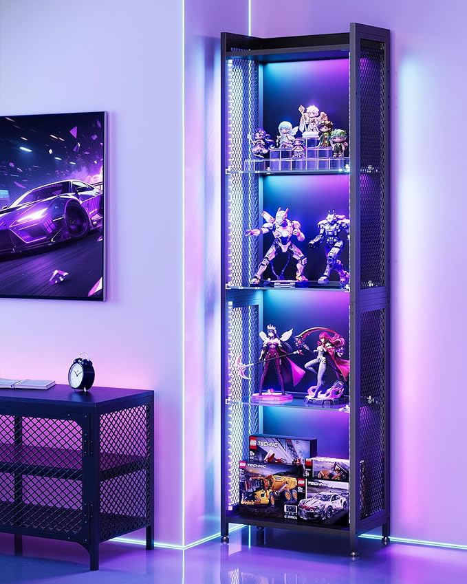AODK Display Case with LED Lights, Display Cabinet with Open Glass Shelves