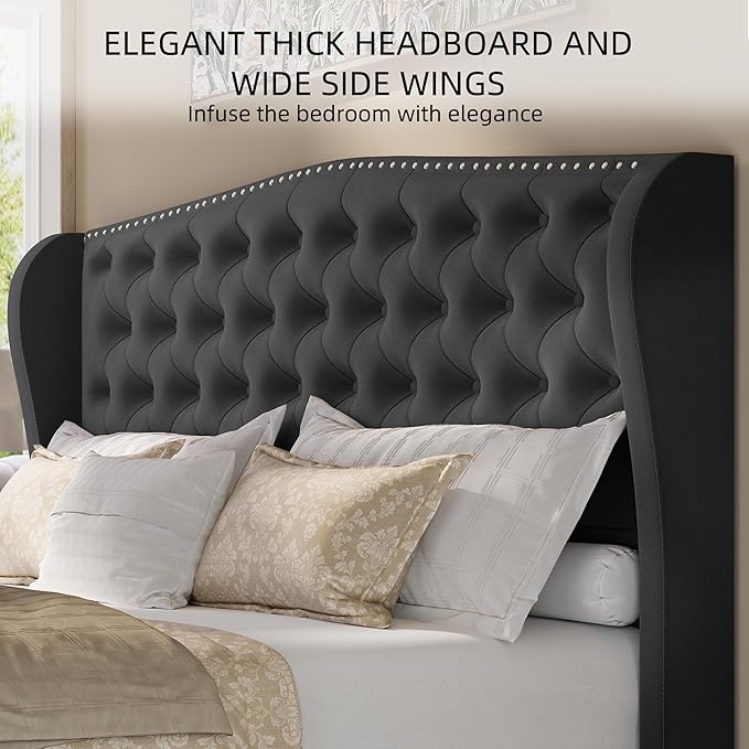 BRELTAM Upholstered Queen Size Bed Frame Velvet Tufted Platform Bed Frame