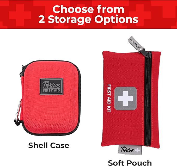 Thrive Mini First Aid Kit - Compact Travel Essentials for Camping & Cruise, Waterproof Survival Med Kit for Hiking, Portable Emergency Hiking Supplies Pouch, 66-Piece, Red Shell Case