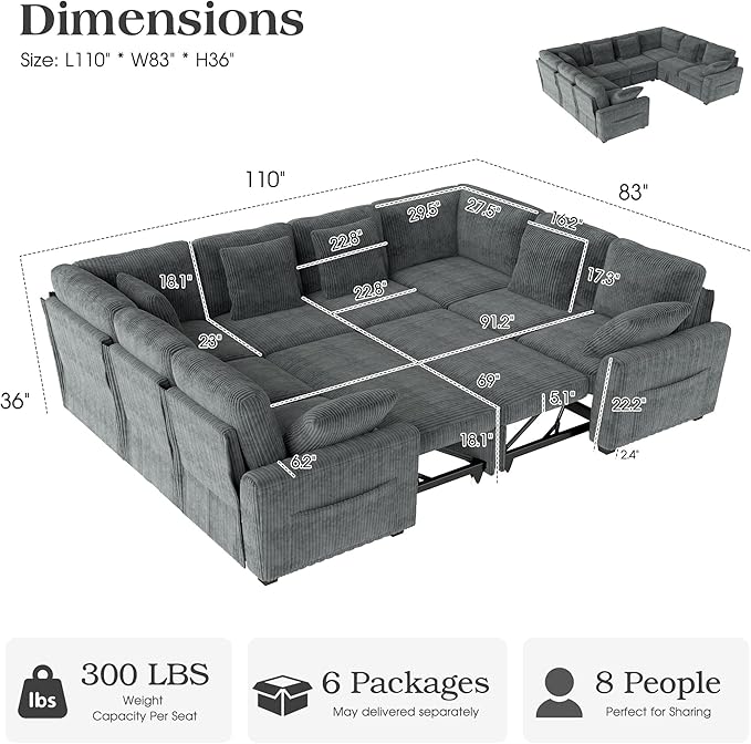 Ihanherry 8-Seater Large Sectional Sofa Bed