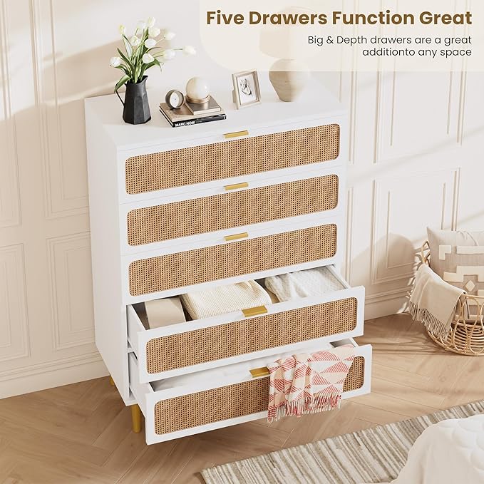 GarveeHome Rattan 5 Drawer Dressers