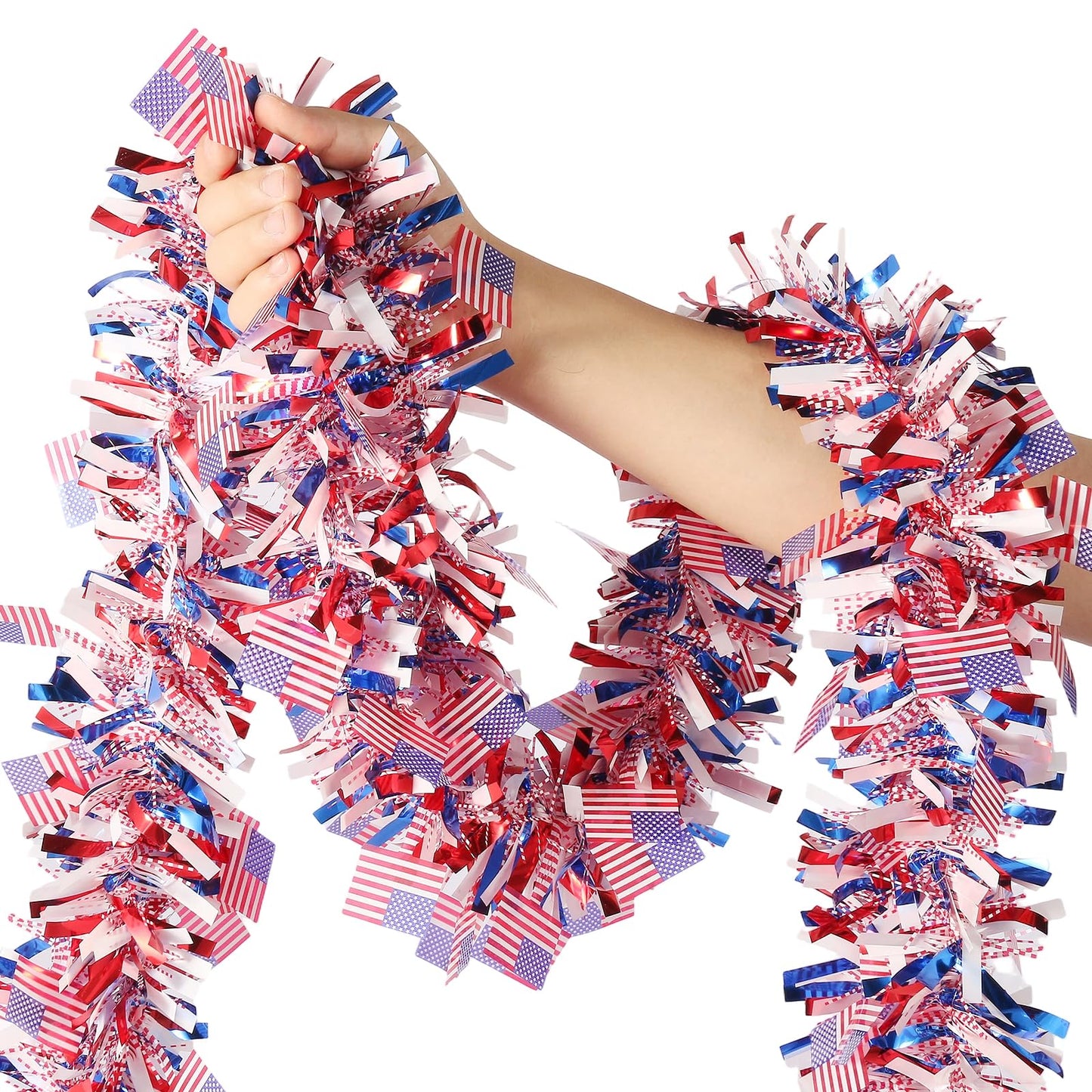 50 FT 4th of July Garland, Indoor & Outdoor Red White and Blue Patriotic Tinsel with American Flags, US Party Decor for Mantel, Stairs, Porch Railings, Golf Cart, Parade Float & America 250