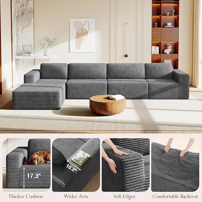 Vesgantti 159" Large Modular Sectional Sofa, L-Shaped Corduroy Cloud Couch