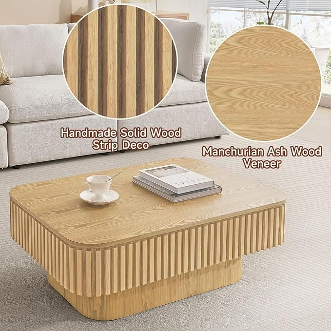 Lift Top Coffee Table for Living Room, Rectangle Handmade Solid Wood Strips