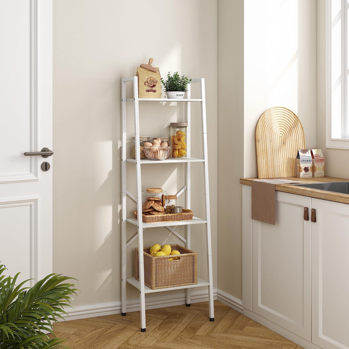 Hoctieon 4-Tier Industrial Ladder Bookshelf, Narrow Ladder Shelf, Tall Standing Bookshelf, Skinny Open Ladder Shelf, for Living Room, Home Office, Kitchen, Bedroom, Metal Frame, White