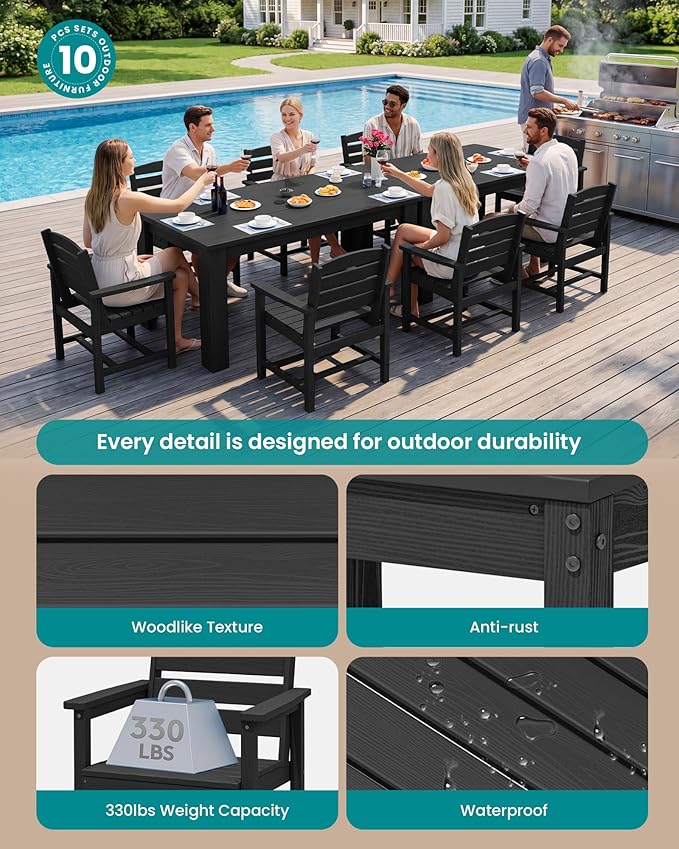 SERWALL HDPE Dining Set for 8: 2 Umbrella Hole Tables + 8 Chairs. Includes 8