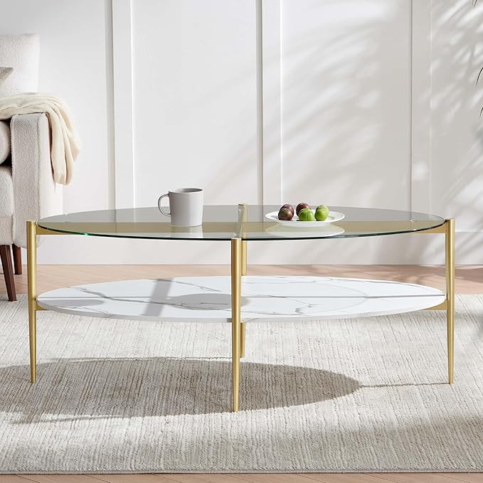 LumFurn Oval Glass Coffee Table, Mid-Century Modern Design, L43 x W22 x H17 inch