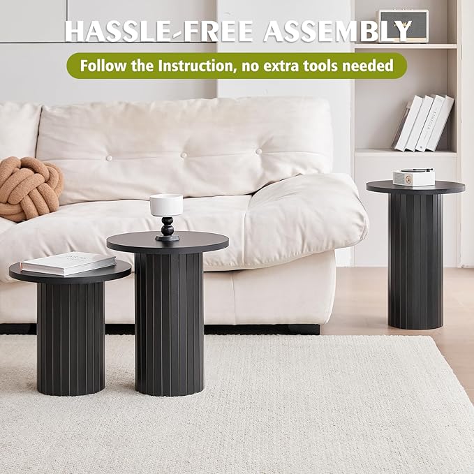 Round Side Tables Set of 3, Circle Modern Fluted Nesting Coffee Table, Accent