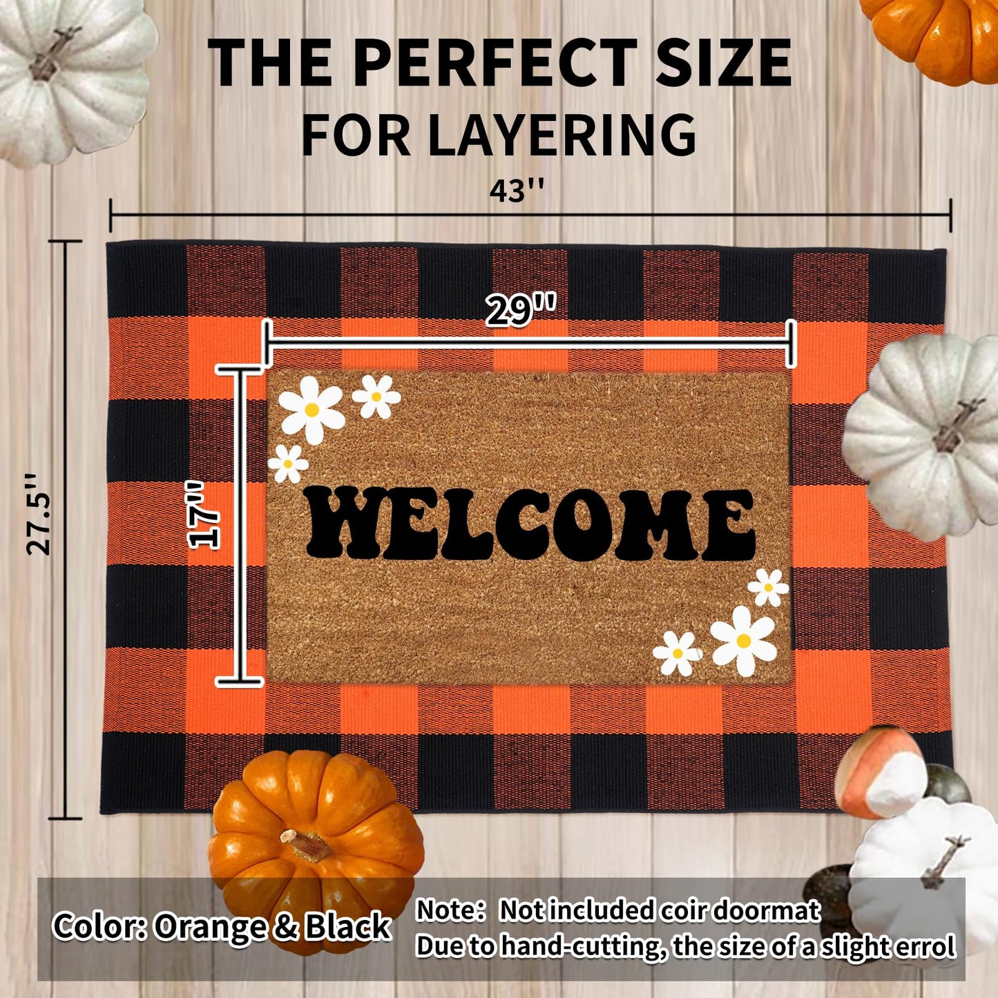 PIXFAIRY Cotton Orange and Black Plaid Rug - 27.5 x 43 Inches, Hand-Woven Indoor/Outdoor Layered Cotton Blend Buffalo Plaid Rug, Washable Front Door Mat, Perfect for Porch, Living Room, Entryway