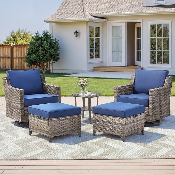 5 Pieces Outdoor Patio Furniture Set-All-Weather Wicker Patio Swivel Glider
