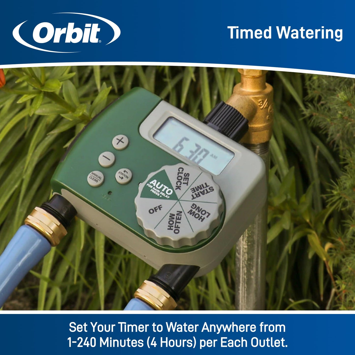 Orbit Programmable Digital Hose Watering Timer - 2 Outlet - Battery Powered - with LCD Screen - Built-in Rain Delay - Water-Resistant - 58910