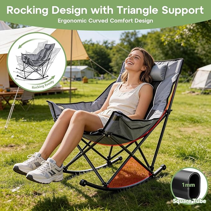 Suteck Oversized Rocking Camping Chair, Thick Padded Folding Rocking Chair