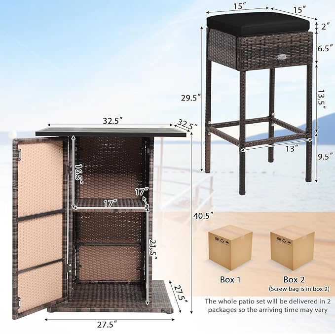 Tangkula 5 Piece Outdoor Rattan Bar Set, Patio Bar Furniture