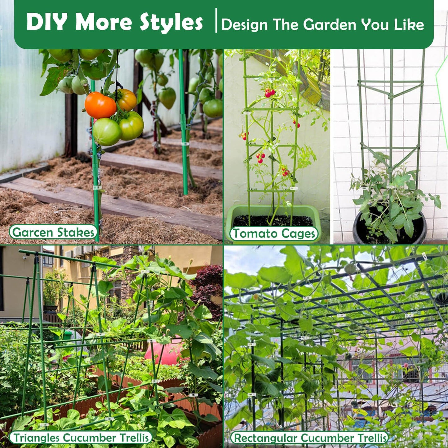 Cludoo 393PCS Garden Stakes Set with 120 Sets Fiberglass Plant Stakes Sticks Supports and Accessories, DIY 4ft 5ft 6ft 7ft Tomato Stakes for Tomato,Vegetables, Pepper, Indoor Outdoor Spring Plants