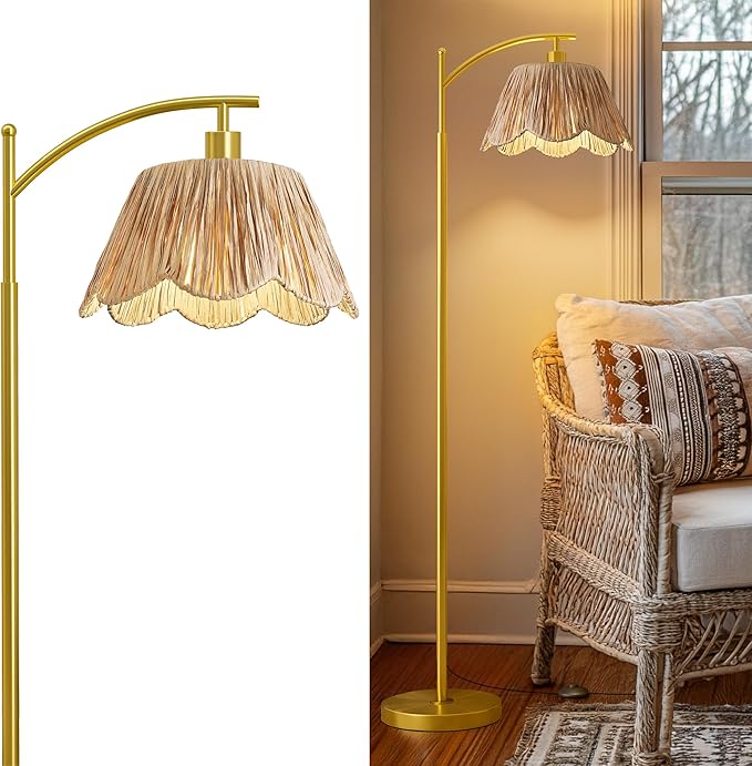 Oneach Arc Floor Lamp for Living Room, Rattan Boho Floor Lamp