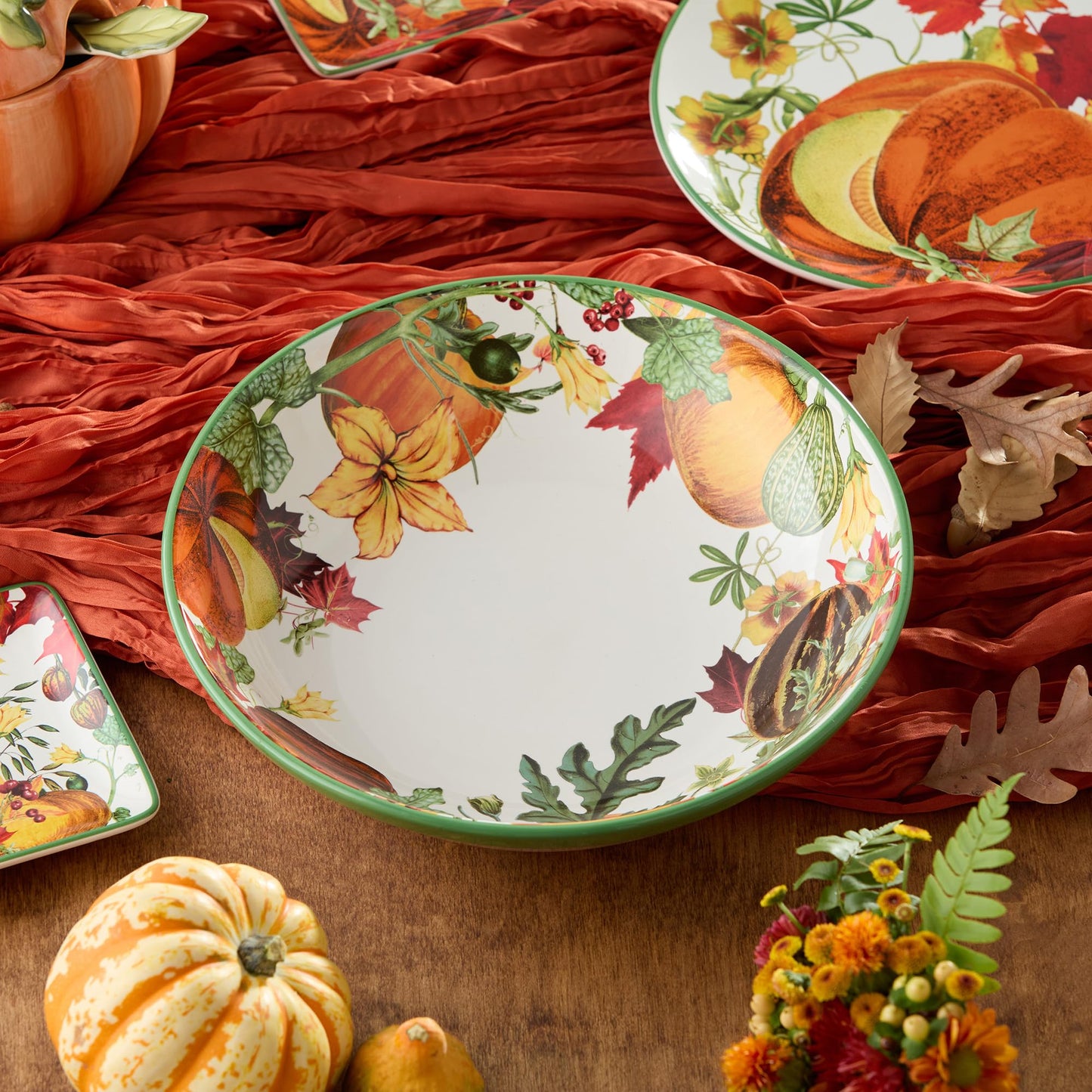 Harvest Fields 13” Ceramic Serving Bowl – Large Farmhouse Bowl with Autumn Pumpkin Design – Perfect for Salads, Pasta, Side Dishes & Holiday Entertaining – Microwave & Dishwasher Safe