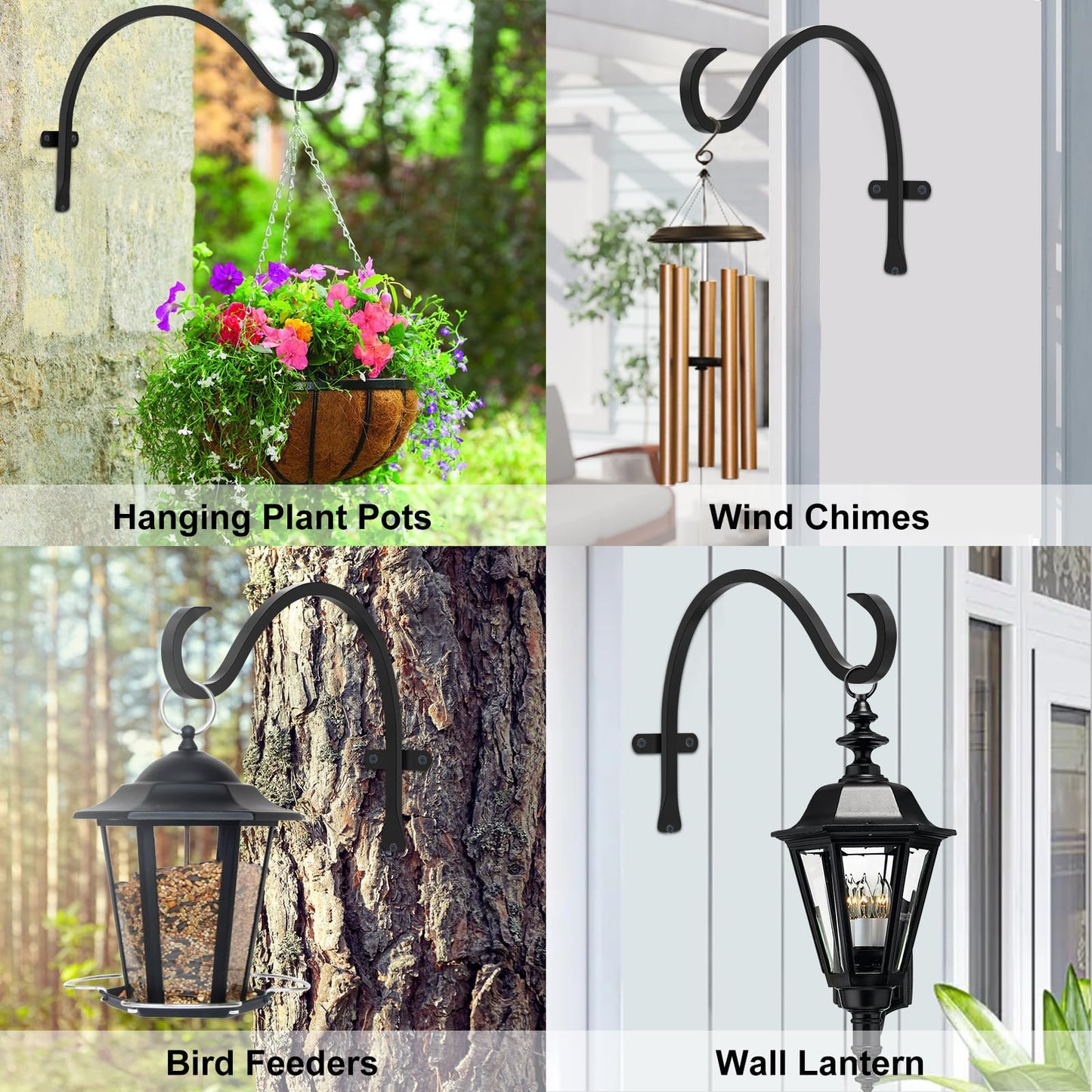 12 Inch Heavy Duty Plant Hanger Wall Hook 2 Pack - Black Iron Hanging Plant Bracket Holds 44 lbs - Rust Resistant Indoor Outdoor Hooks for Bird Feeders Lanterns Wind Chimes Hanging Baskets with Screws