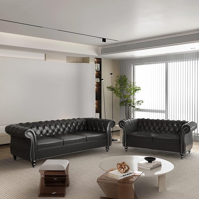 ORRD 2 Pieces Living Room Set, Chesterfield Leather Sofa Loveseat Couch