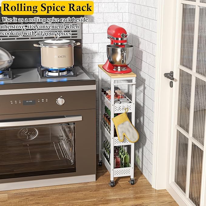 OKZEST Utility Slim Storage Cart, 4 Tier Small Rolling Kitchen Laundry Room Cart