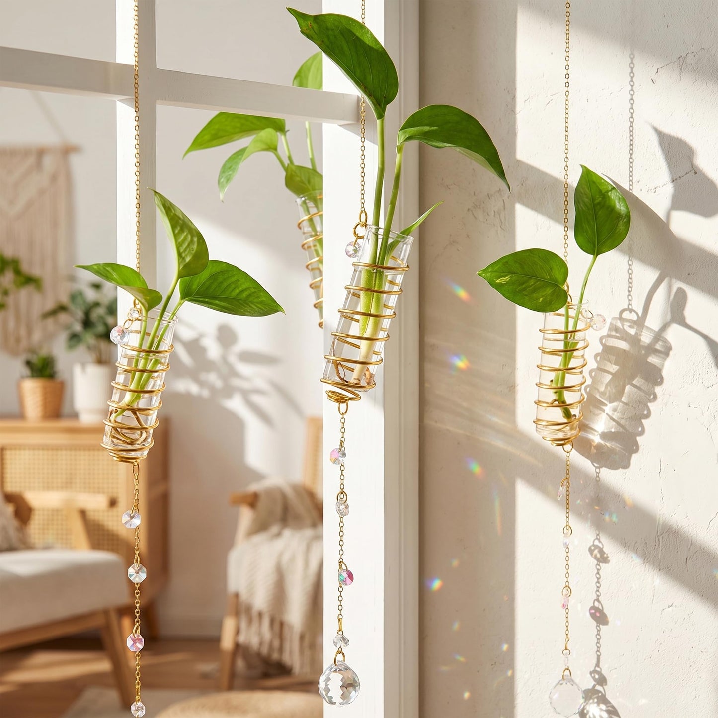 H&D HYALINE & DORA 6 Pcs Hanging Propagation Station with Crystal Ball Prisms Suncatcher and Cleaning Brush, Glass Wall Vases Crystals Prism Hanging Decor for Windows Home Wedding Decoration(Golden)