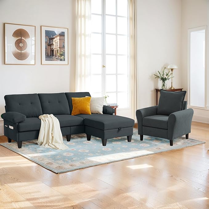 2PCS Sectional Sofa Set with Ottoman, Modern Linen 4 Seater Couch Set with Side