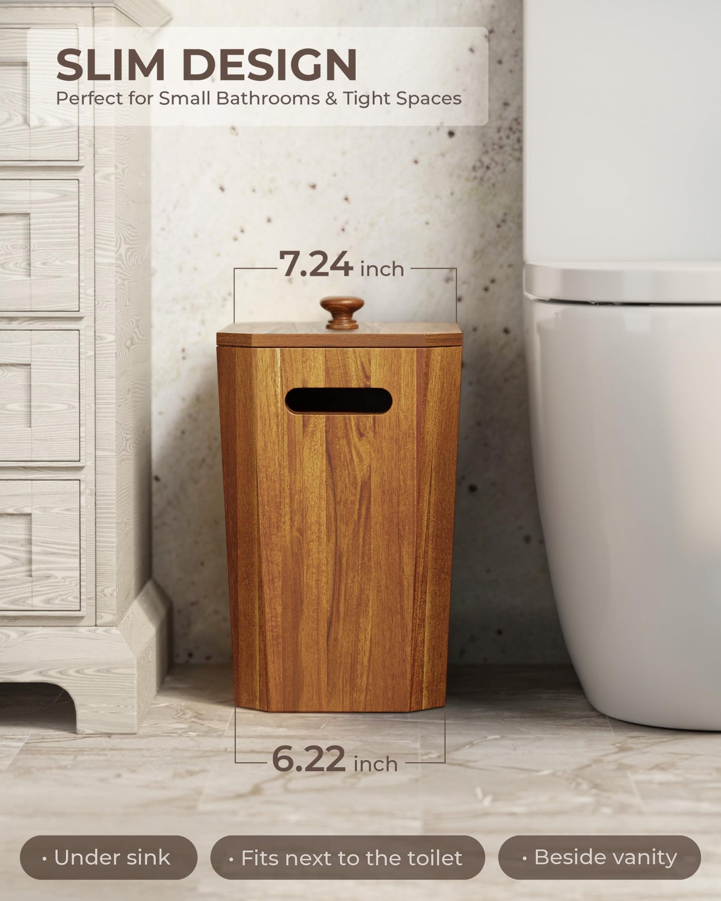 BLUEWEST 2.6 Gallons Acacia Wooden Wastebasket with Lid & PP Liner – Small Trash Can for Bathroom, Bedroom, Office – Decorative Wood Bin with Handle for Under Counter Use