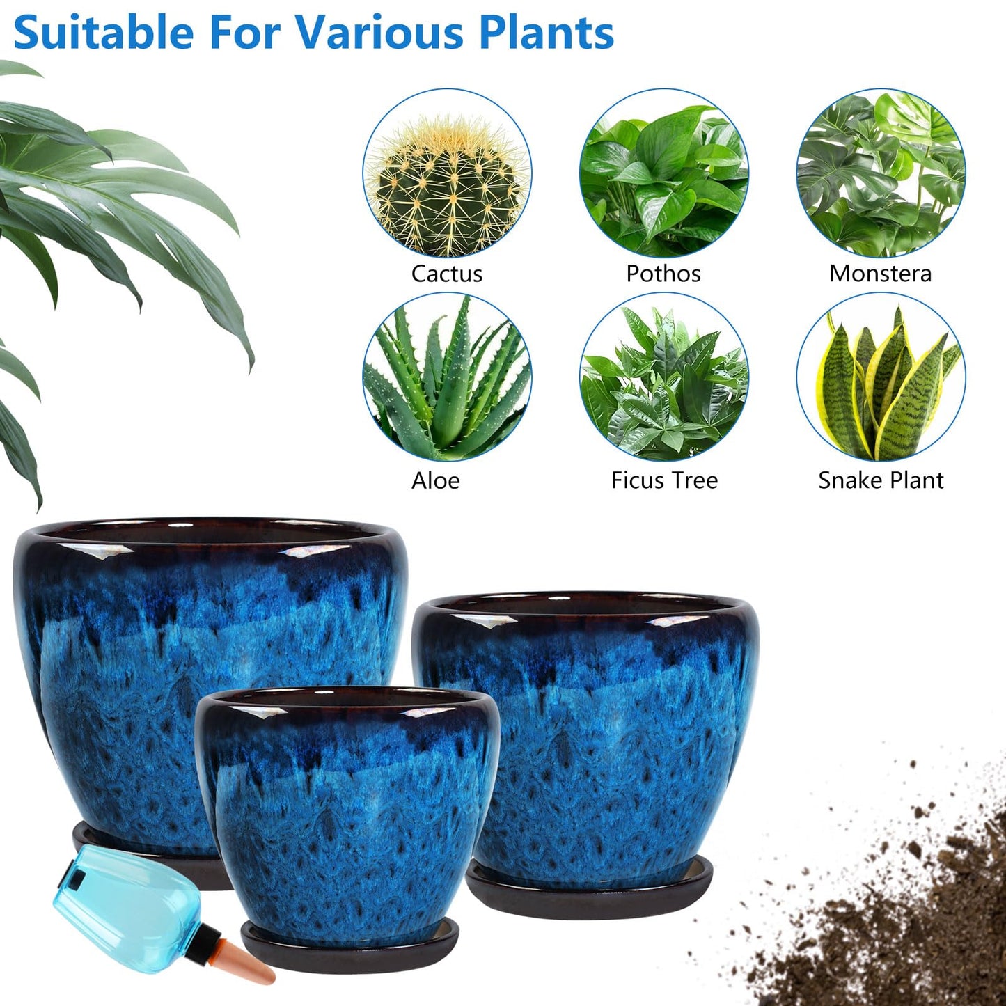 Xoogifae Ceramic Pots for Plant with Self Watering Globes, 6 inch Planters for Indoor Plants with Saucer, Glaze Flower Pots Outdoor with Drainage Holes, Decorative Garden Pots