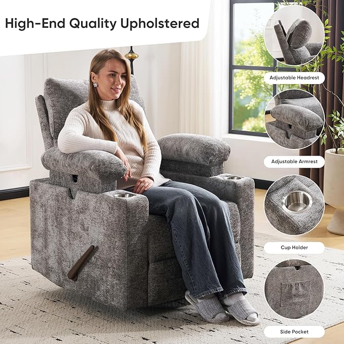 Swivel Rocker Recliner with Adjustable Armrests, Rocking Nursery Chair with