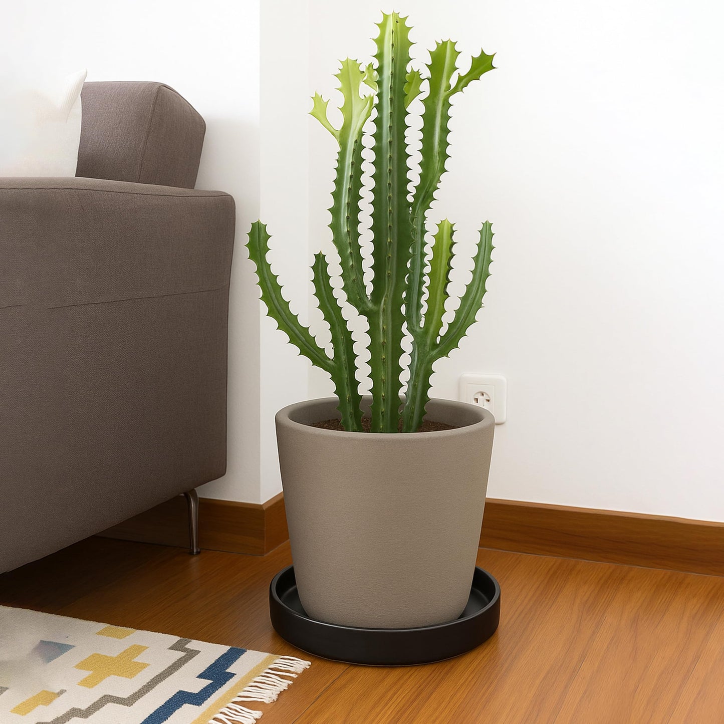 D'vine Dev Modern Round 8.7 Inch Ceramic Plant Pot Saucer, Planter Pot Drainage Tray for Indoor Plants, Matte Black, 97-T-B-4