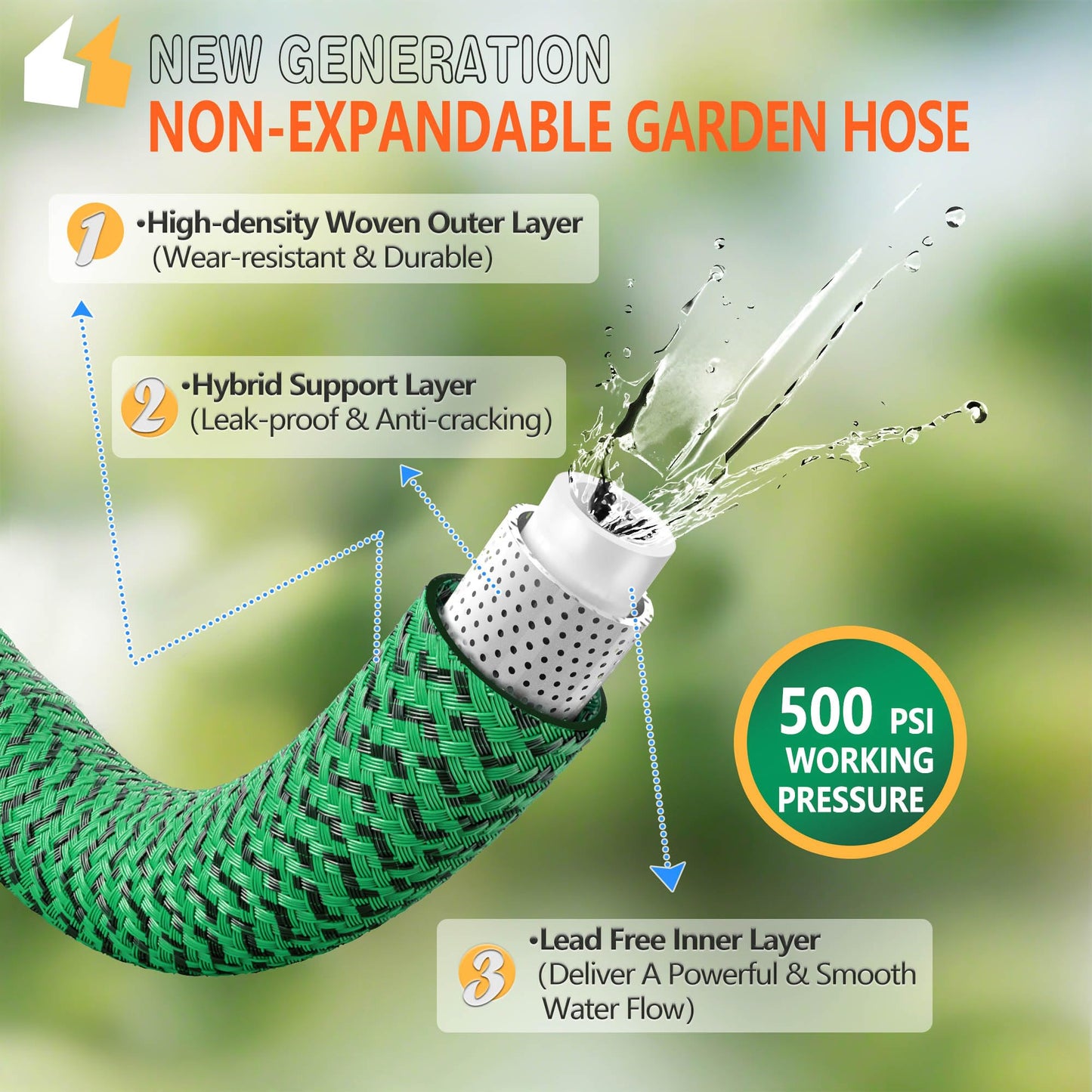 Non-Expanding Garden Hose 100ft, Flexible Weather-resistance Water Hose with 3/4" Solid Leakproof Connector, Knot-free & Anti-cracking & Durable Garden Hoses for Outdoor Watering Cleaning