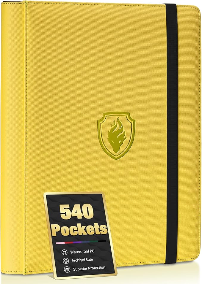 Premium 9 Pocket Card Binder for 540 Cards, Fabmaker PU Cover Trading Card Binder, Sturdy Card Collection Album, Sleek Card Holder Folders for Game Cards & Sports Cards, Yellow
