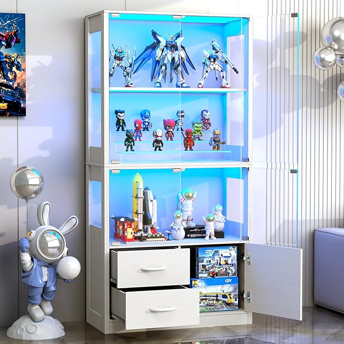 Display Cabinet with Glass Doors, 4-Tier Display Case with 3-Color Lights &