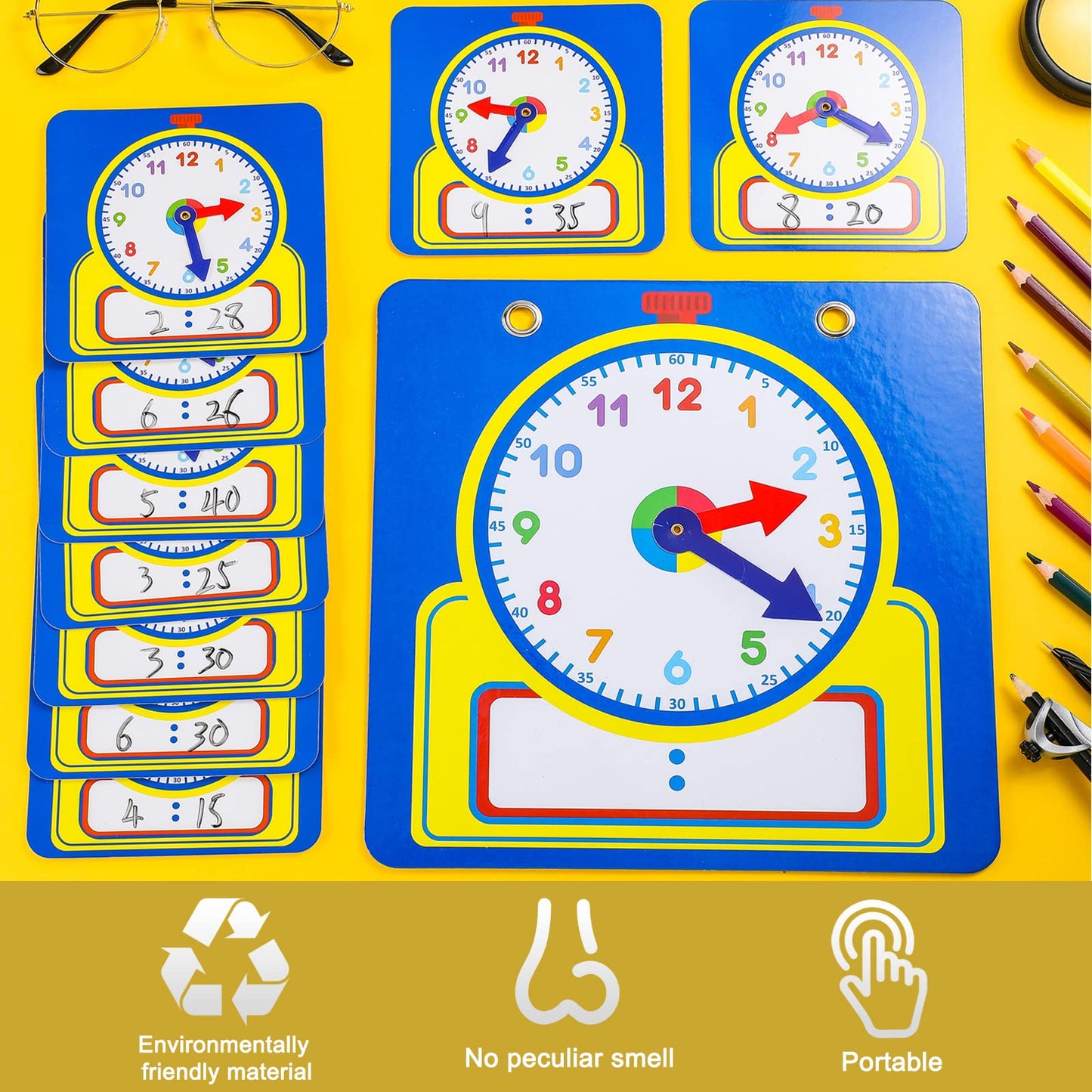 Junkin 25 Pcs Teaching Clock Kit, Learning Clocks for Kids Learning Time with Erasable Surface for Home School Classroom Supplies(Cute Style)