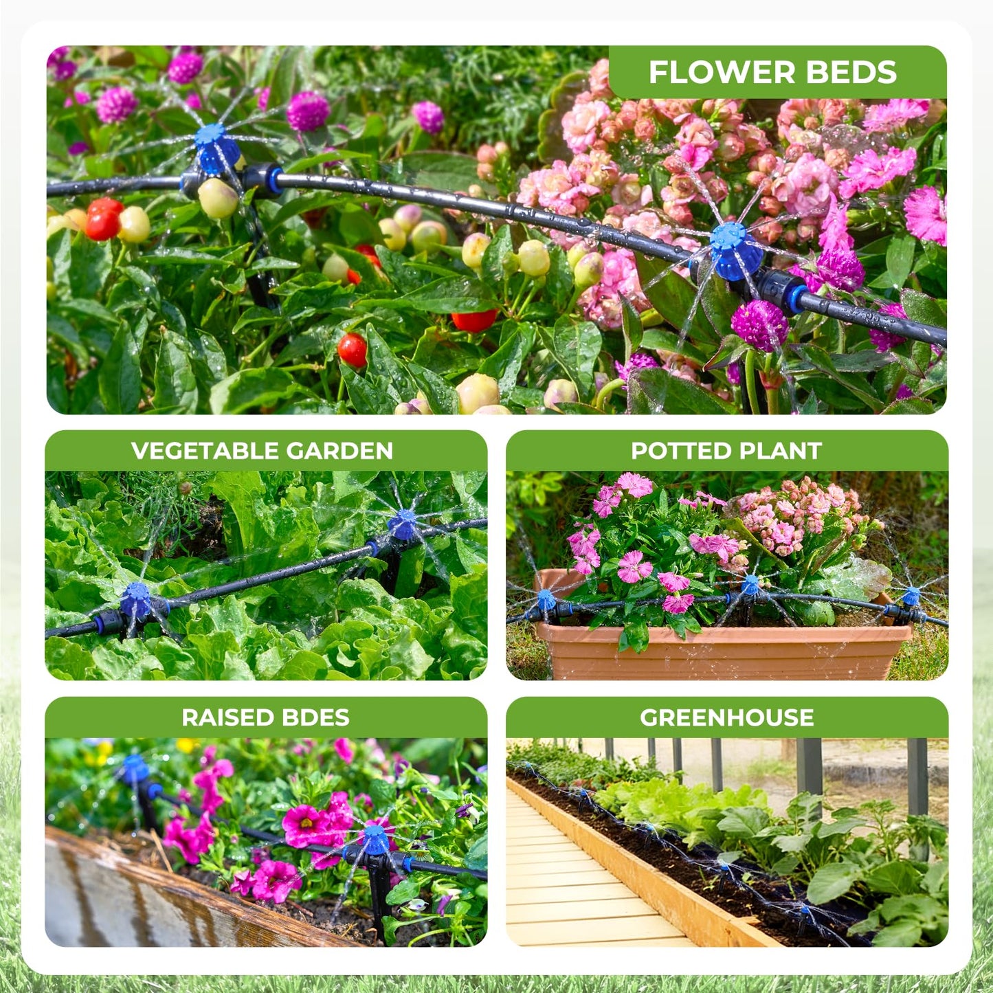 HIRALIY 100FT Garden Watering System, Automatic Drip Irrigation Kit with Adjustable Flow Nozzles, 5-Way Connector, Plastic Material, Modern Style, Ideal for Lawn, Patio, Garden, Raised Bed