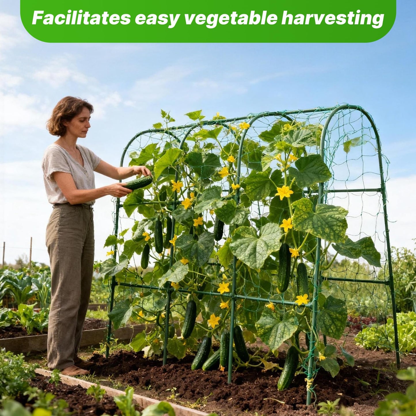 47''X47''Cucumber Trellis, Garden Trellis U-Shape Plant Support for Climbing Plants Metel Arch with Netting for Raised Garden Bed Outdoor Cucumbers, Tomatoes, Vine Climbing Plant