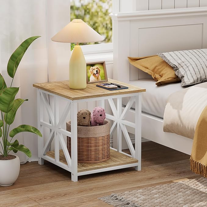GreenForest End Table with 2-Tier Storage Shelf, 24 inch Large Side Table