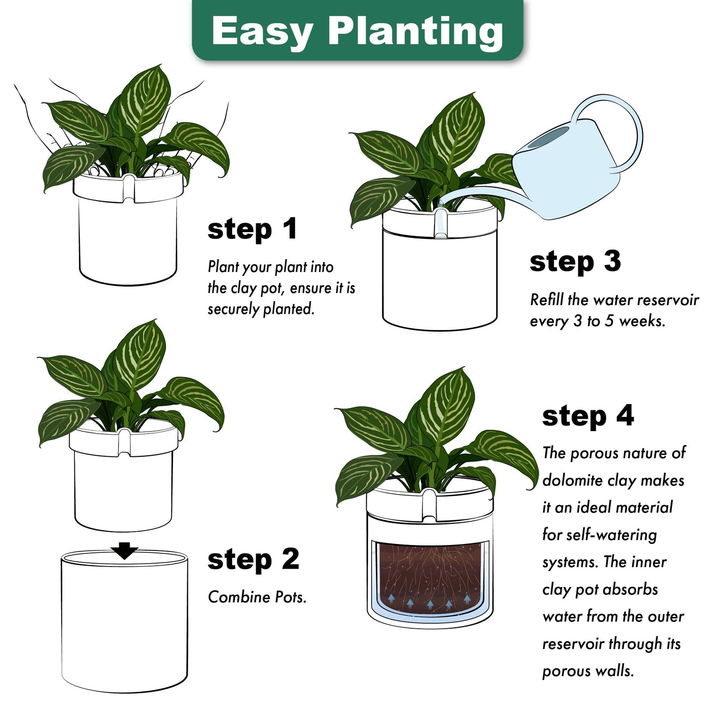 Phoenix Vine 10 Inch Cylinder Self Watering Planter, White Glazed Outer Plant Pot with Dolomite Clay Inner Planter for Indoor Plants, White, 31-A-I-W