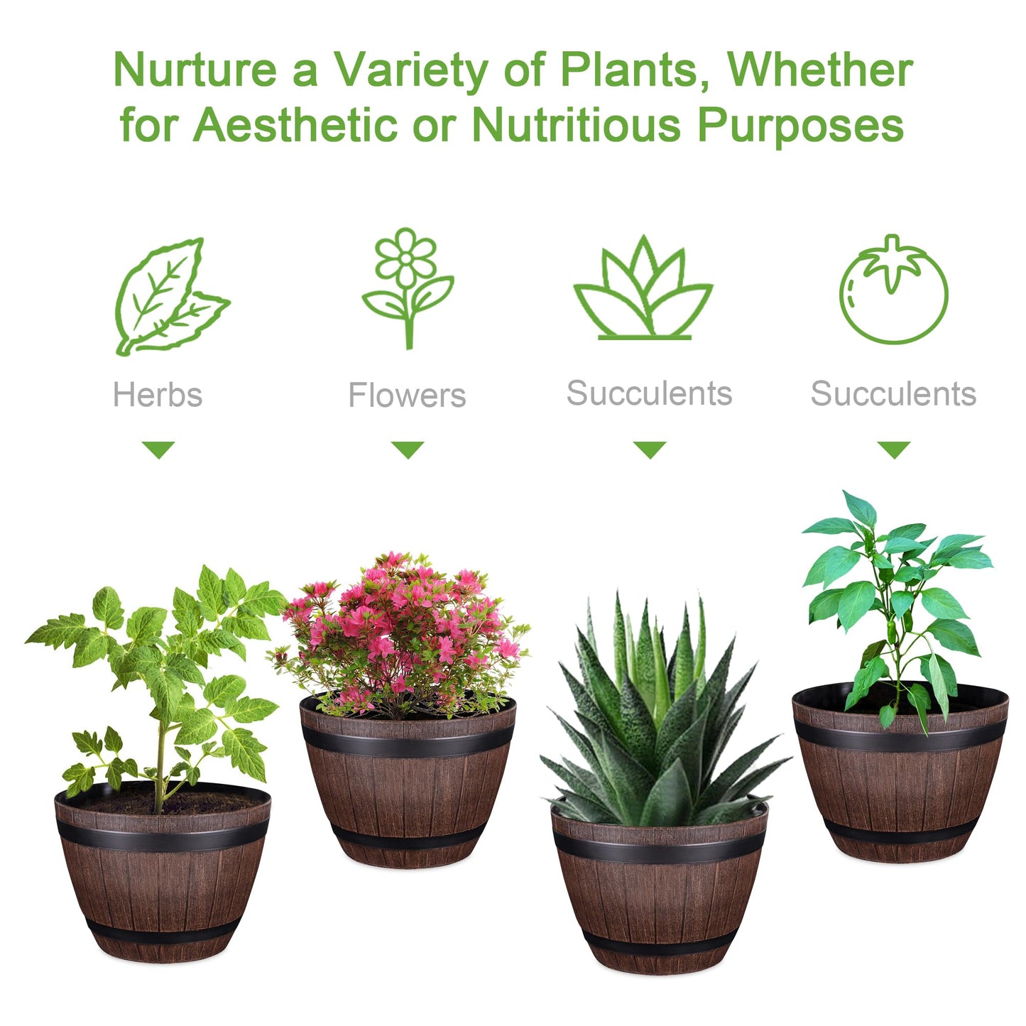 VECELO Plant Pots with Drainage Holes & Saucer, 13 Inch Flower Pots with Tray, 3 Pack Plastic Whiskey Barrel Planters for Indoor & Outdoor Garden Home Plants and Flowers