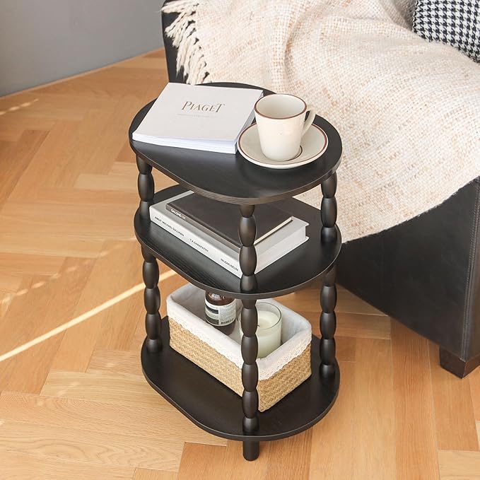 MaxSmeo Black Side Table with Charging Station, 3-Tier Small Oval End Table