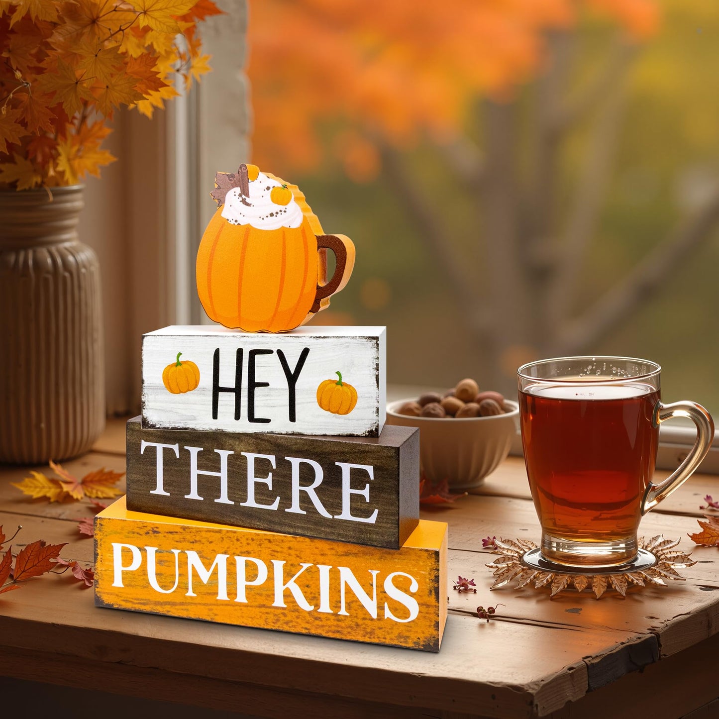 4 Pcs Fall Decor Wooden Tiered Tray Decor, Pumpkins Autumn Decorations Gifts for Home, Thanksgiving Table Centerpiece for Autumn Harvest Party Kitchen