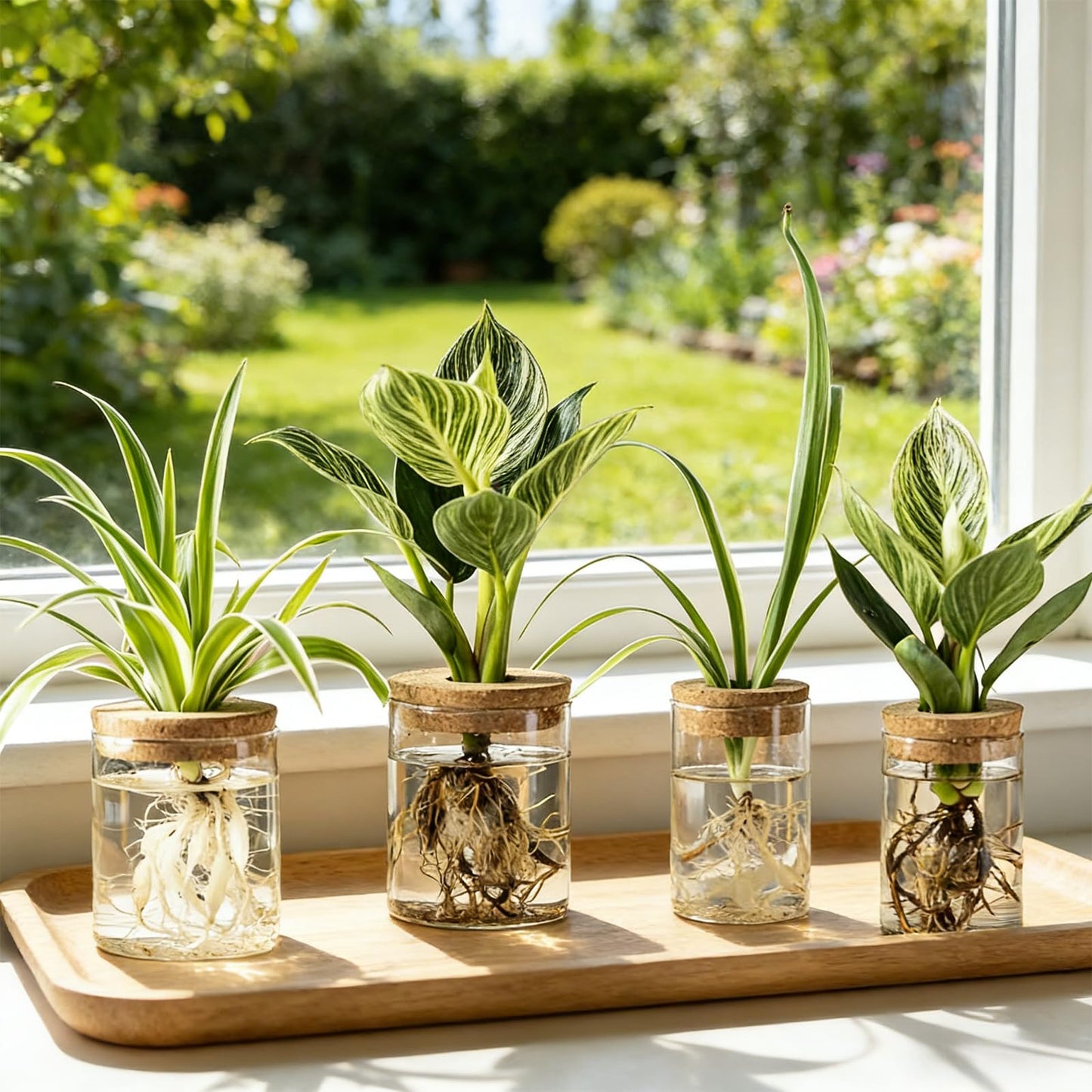 QeemTaco 4Pcs Glass Plant Propagation Vase with Wooden Stopper, Hydroponic Terrarium Cylinder Bottle for Plant Cuttings, Modern Desktop Plant Holder for Home Office Decor