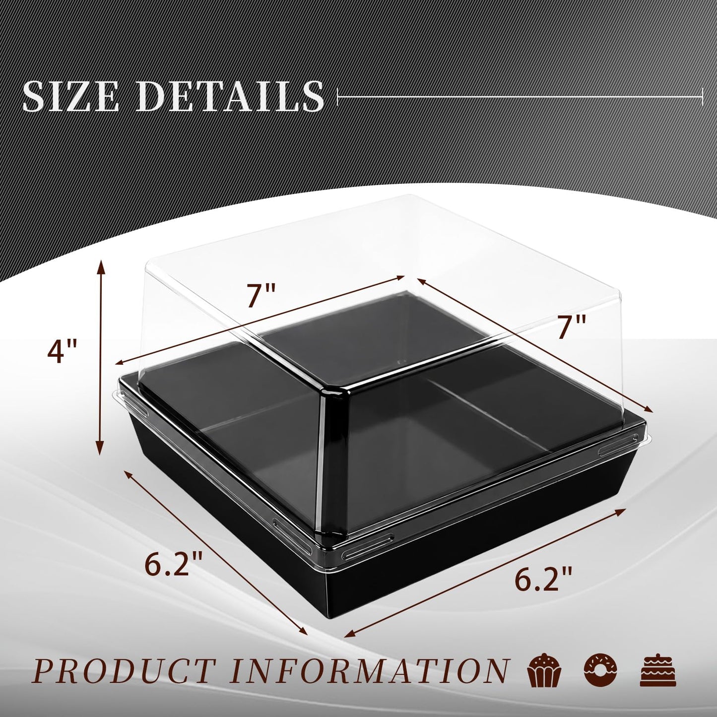 DeziWood 7 x 7 x 4 Inches Paper Cake Boxes with Clear Lids, 50 Pack Black Large Charcuterie Square Food Containers, Halloween Day Disposable Bakery Boxes for 4-6 Inch Bundt Cake, Pie, Dessert