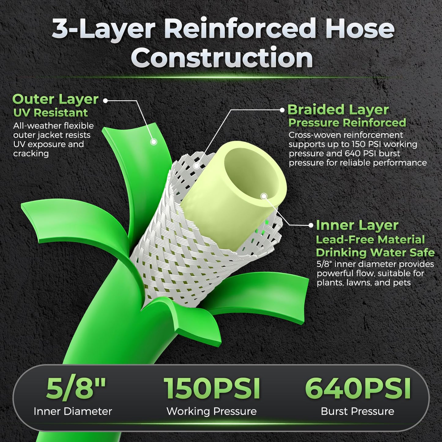 Garden Hose 50 Ft With 8-Pattern Spray Nozzle, 5/8" Lead-Free Flexible Water Hose With 3/4" Anodized Aircraft-Grade Aluminum Interface, Lightweight Kink-Resistant Water Pipe For Lawn, Yard, Outdoor