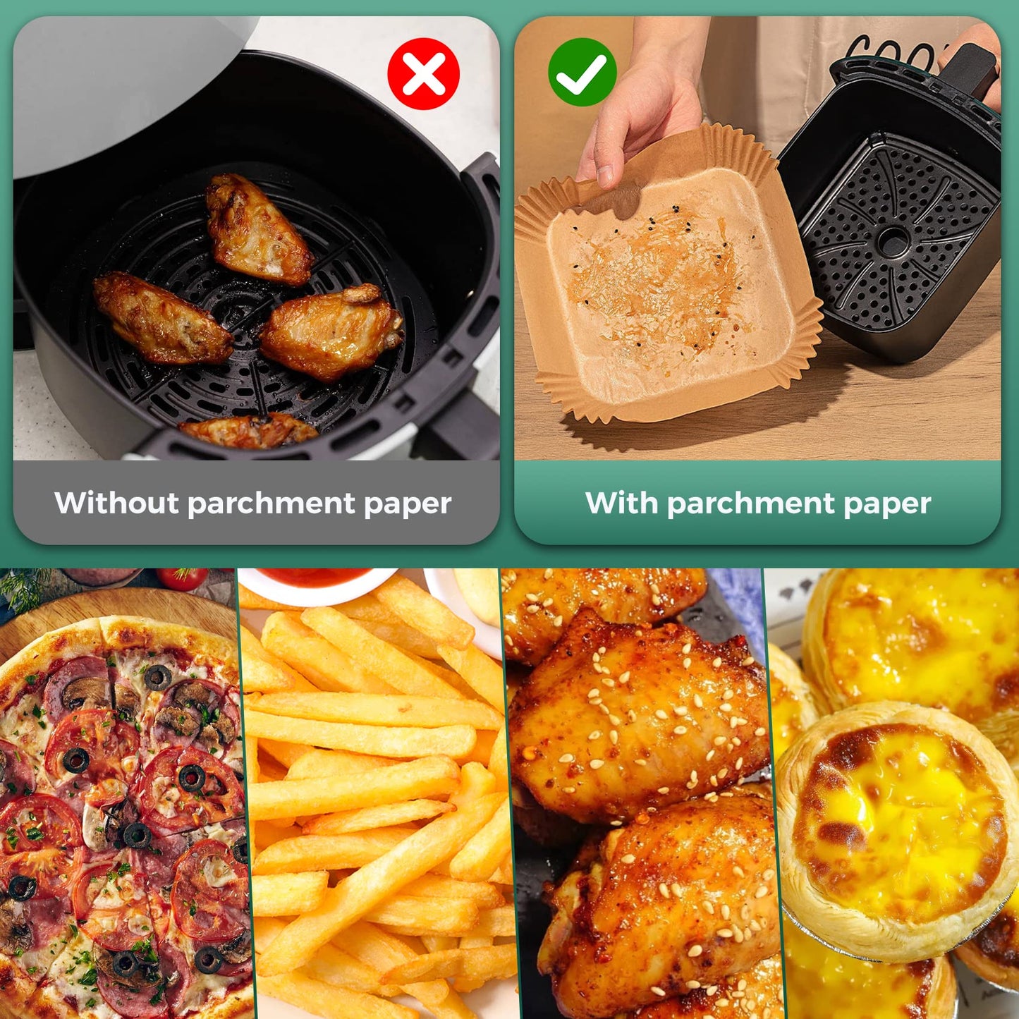 Air Fryer Paper Liners, 125Pcs Parchment Paper, Air Fryer Liners Disposable for Microwave, Non-Stick Air Fryer Liner Square Free of Bleach (8IN)