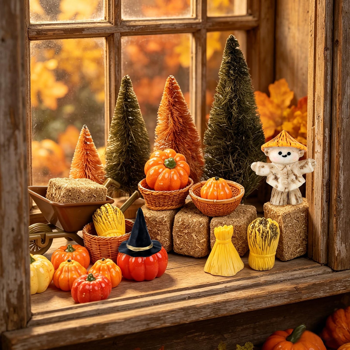 33 PCS Mini Fall Figurines Thanksgiving Resin Figurines Autumn Tiny Resin Farm Miniature Include Trees Pumpkins Scarecrow Wheelbarrow Ears of Wheat Basket Fence for Harvest Home Table Decorations