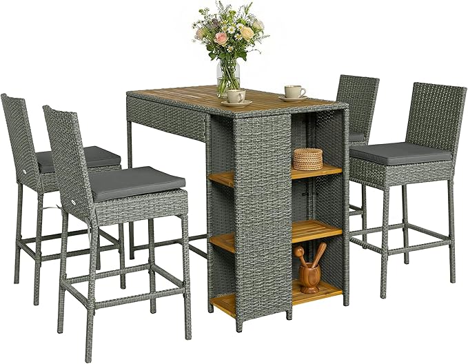 Outsunny 5 Piece Outdoor Bar Set, Wicker Outdoor High Top Table and Chairs